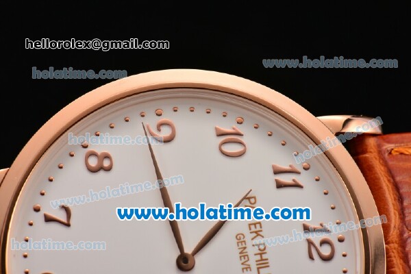 Patek Philippe Calatrava Miyota OS2035 Quartz Rose Gold Case with Arabic Numeral Markers White Dial and Brown Leather Strap - Click Image to Close